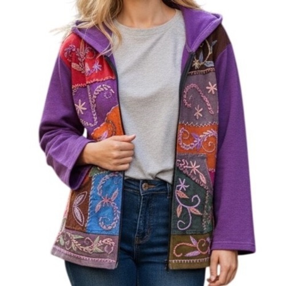 Rising Tide Womens Purple Floral Embroidered Patchwork Full Zip Hoodie Jacket M